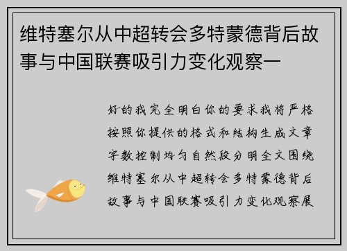 维特塞尔从中超转会多特蒙德背后故事与中国联赛吸引力变化观察一