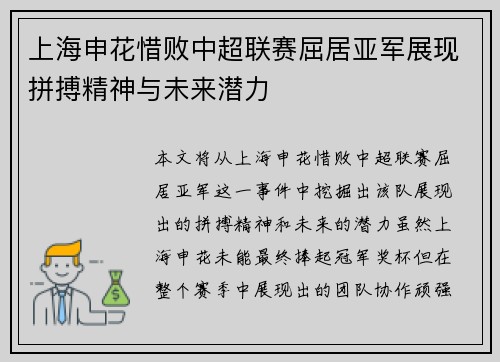 上海申花惜败中超联赛屈居亚军展现拼搏精神与未来潜力 上海申花惜败中超联赛屈居亚军展现拼搏精神与未来潜力